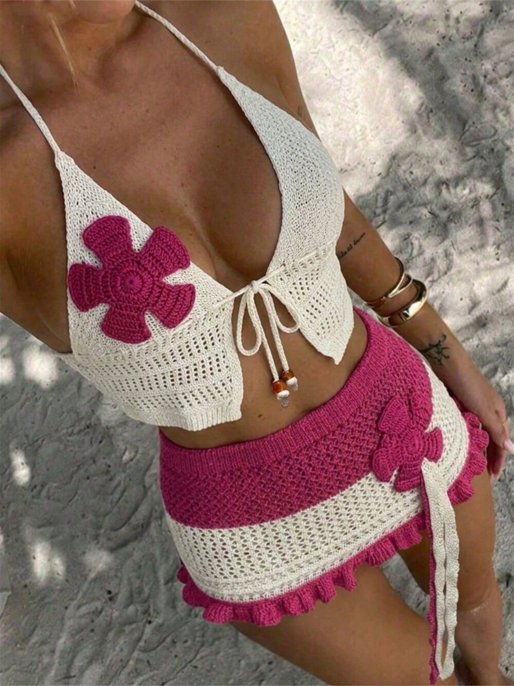 Multicolor Crochet Women's Crop Top & Mini Skirt Set